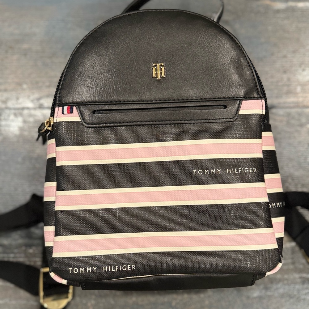 Tommy Hilfiger Black and Pink Striped Backpack